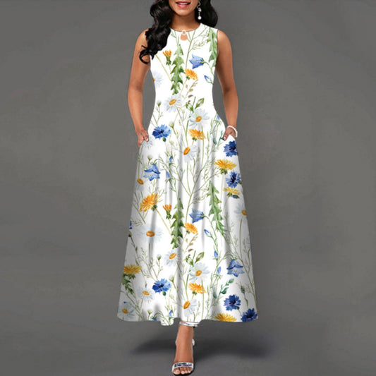 Ermeløs a-linje kjole med rund hals og vintage print